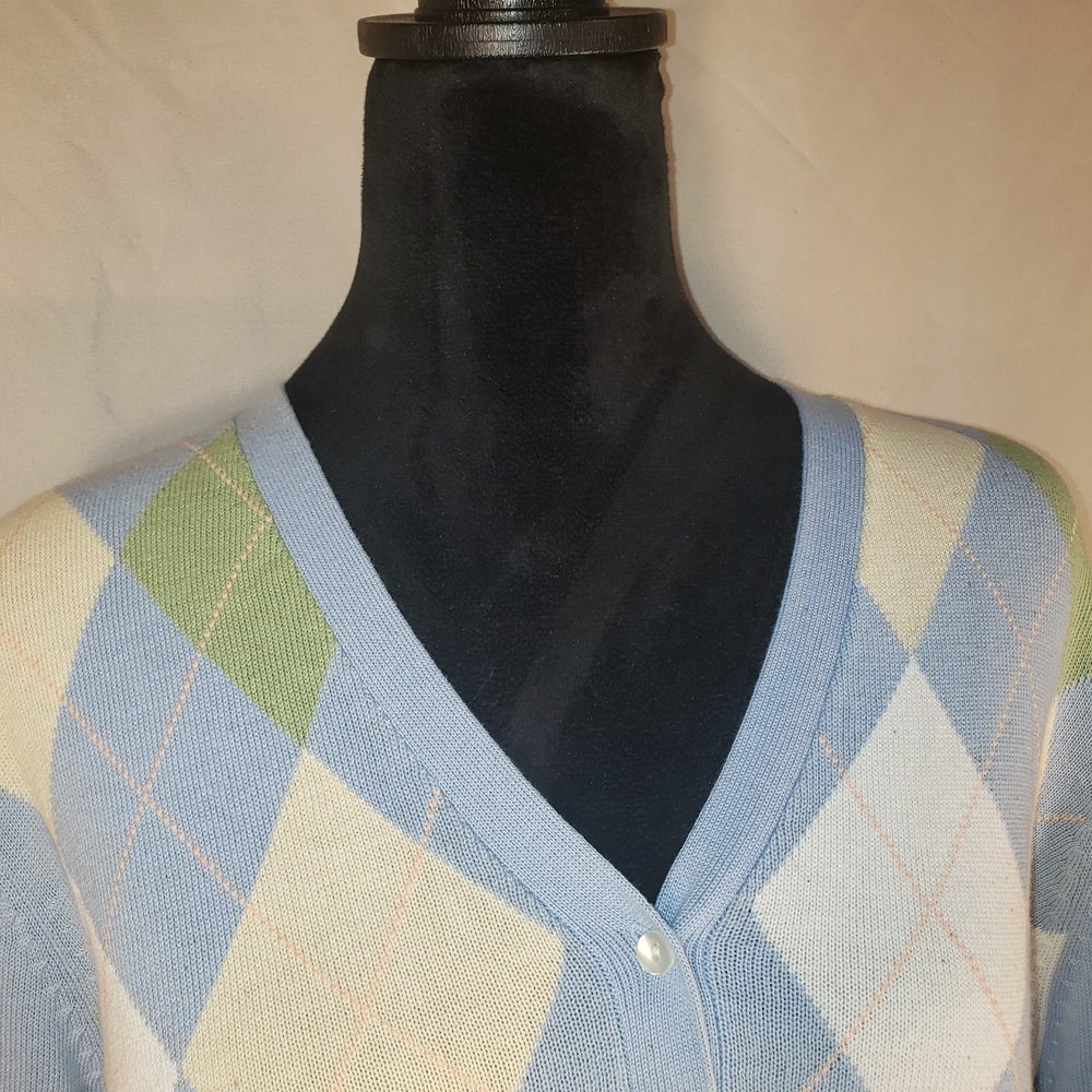 Women's Brooks Brothers Light Blue Argyle Cardigan - XL - Picture 2 of 5